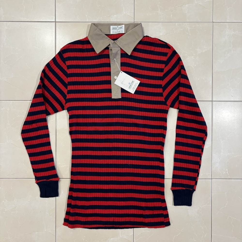 Vintage 80s Rugby Shirt Striped Knit Cotton Polo Womens L Preppy Ivy Americana
